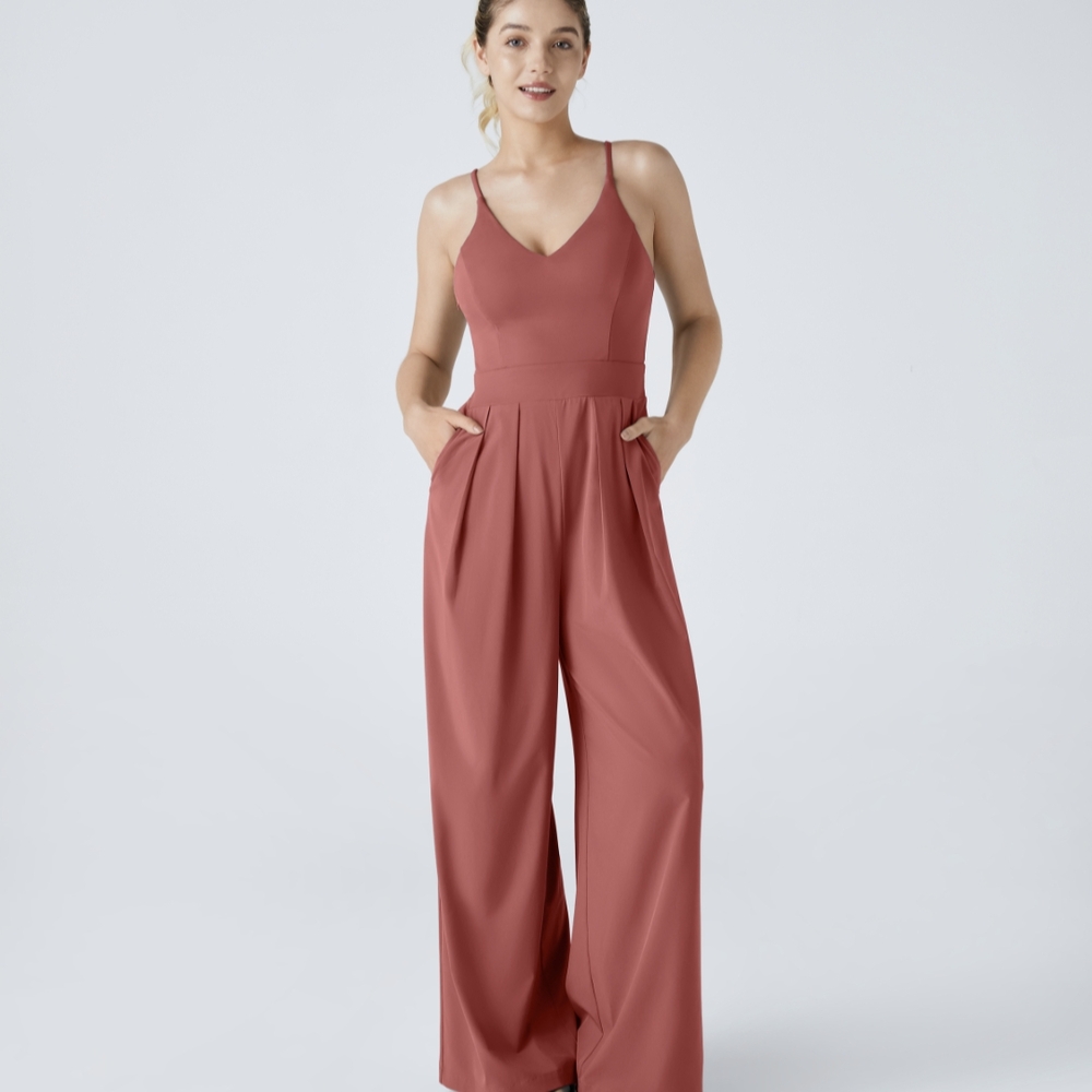 HALARA Pink Jumpsuit with Spaghetti Straps and Wide-Leg Design